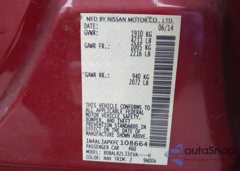 2015 Nissan Altima 2.5 Sl z USA, uszkodzony, nr VIN 1N4AL3APXFC108664